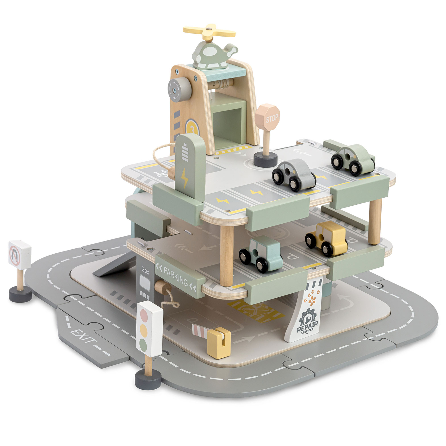 Ξύλινο, τριώροφο γκαράζ για παιδιά με αξεσουάρ – χώρος στάθμευσης, βενζινάδικο, πλυντήριο αυτοκινήτων, ελικόπτερο