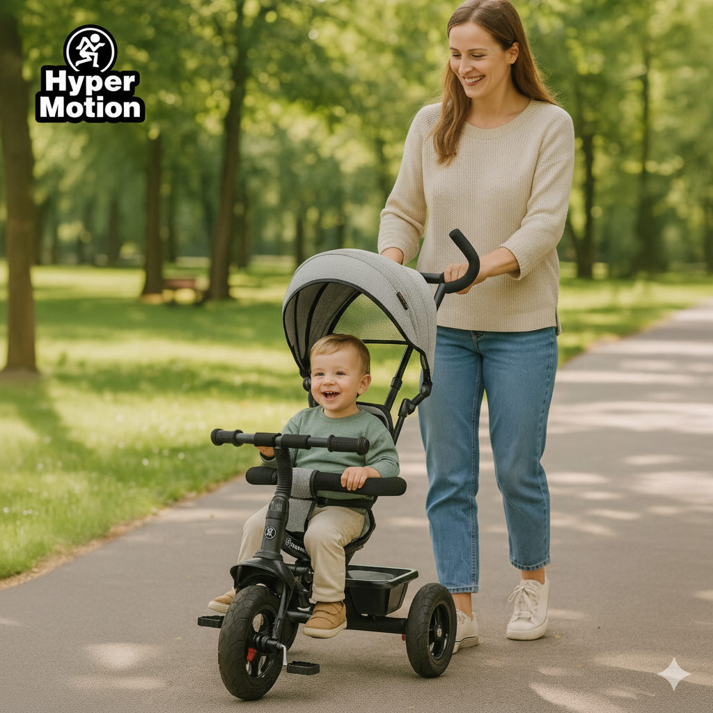 Τρίκυκλο για παιδιά 1-4 ετών - TOBI FREY - γκρι χρώμα - περιστρεφόμενο - τροχοί με αντλία + ωθητήρας