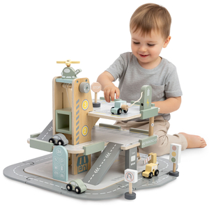 Ξύλινο, τριώροφο γκαράζ για παιδιά με αξεσουάρ – χώρος στάθμευσης, βενζινάδικο, πλυντήριο αυτοκινήτων, ελικόπτερο