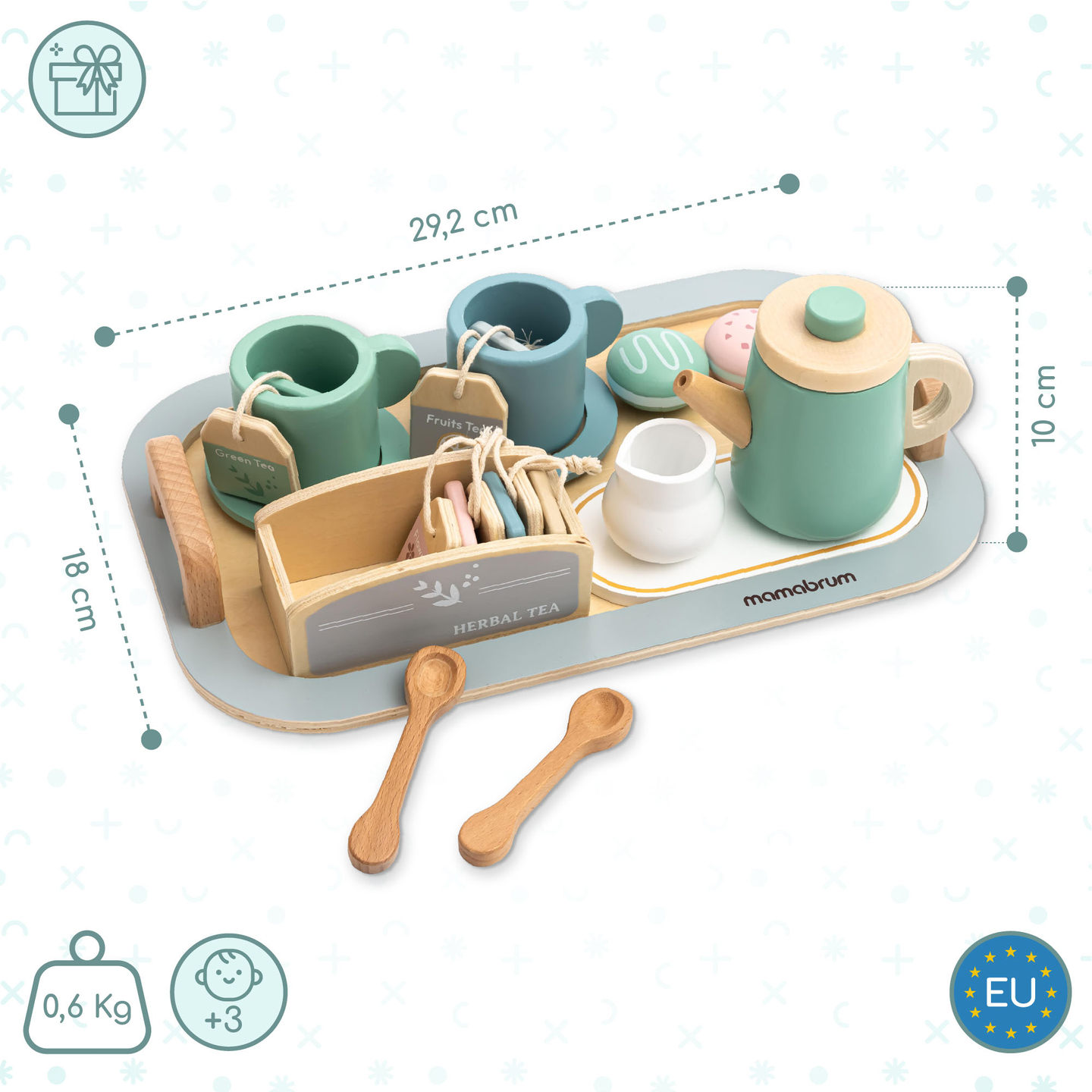 Μεγάλο ξύλινο σετ τσαγιού με δίσκο - 18 αντικείμενα