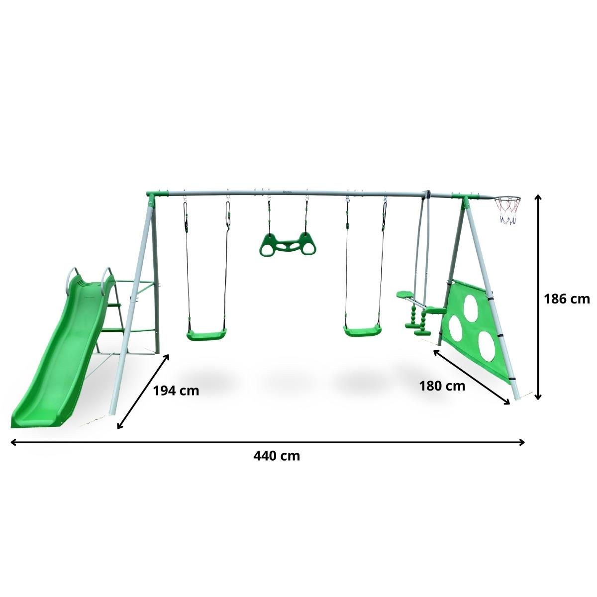 XXXL παιδική χαρά κήπου για παιδιά με κούνιες, τσουλήθρα, γυμναστικό τραπέζι, στεφάνι μπάσκετ και γκολ ποδοσφαίρου