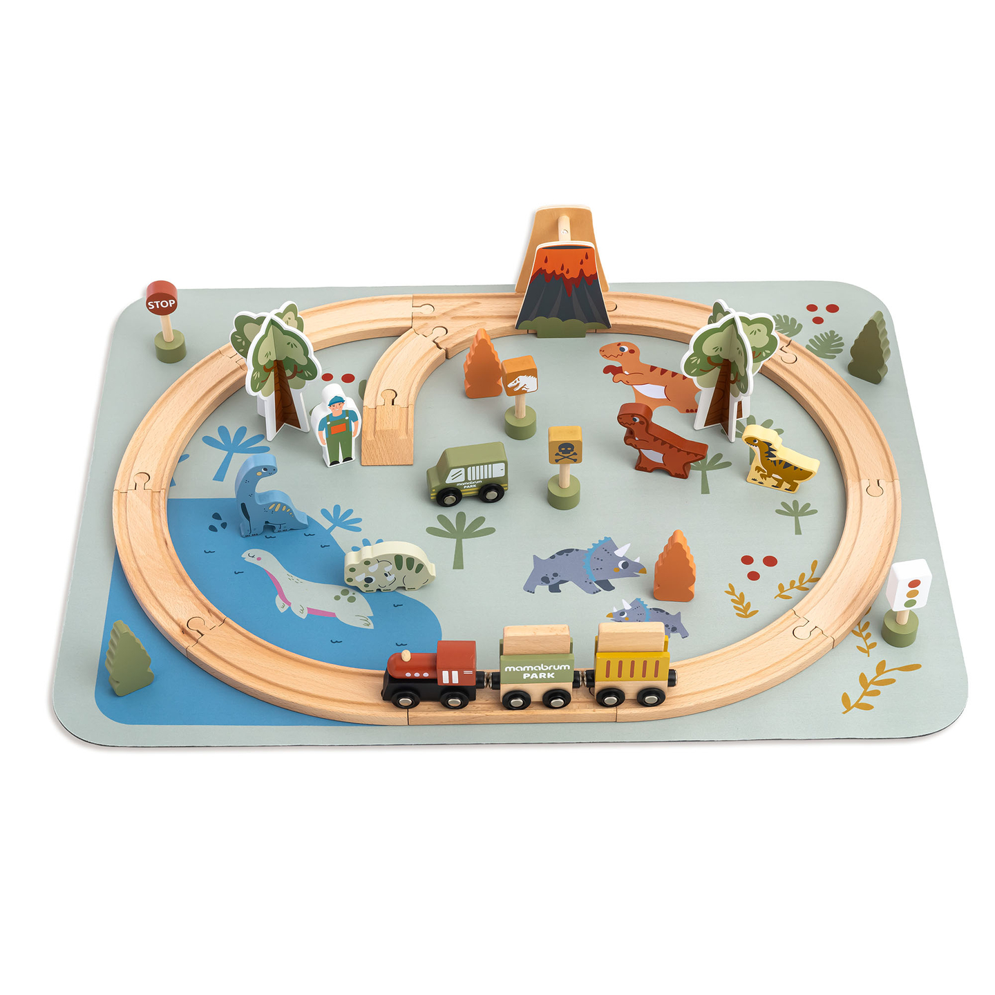 Ξύλινο τρενάκι Dino Park με αντιολισθητικό χαλάκι - δεινόσαυροι, τρένο, γραμμές, ηφαίστειο, κουδούνι
