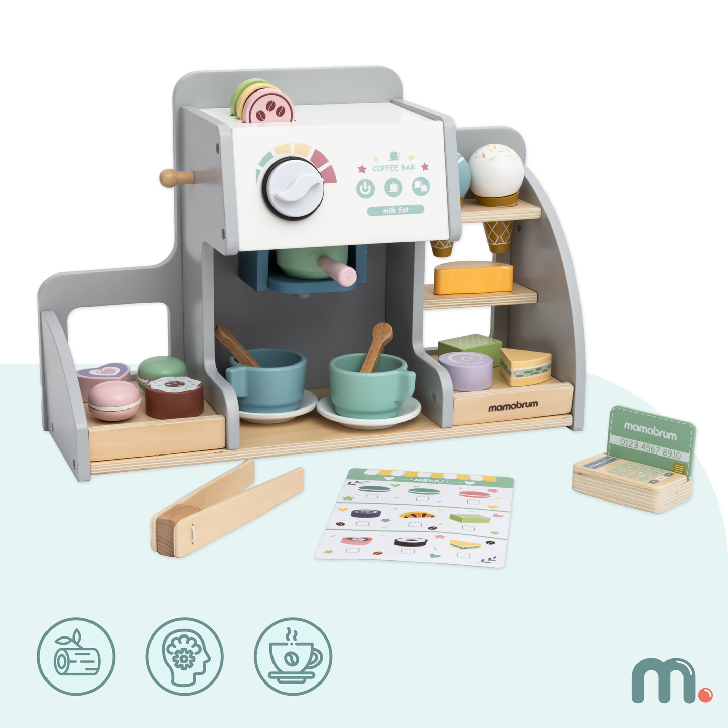 Ένα μεγάλο ξύλινο παγωτατζίδικο με μαγνητικό πίνακα, καφετιέρα και σετ παγωτού και γλυκών - πάνω από 70 κομμάτια!