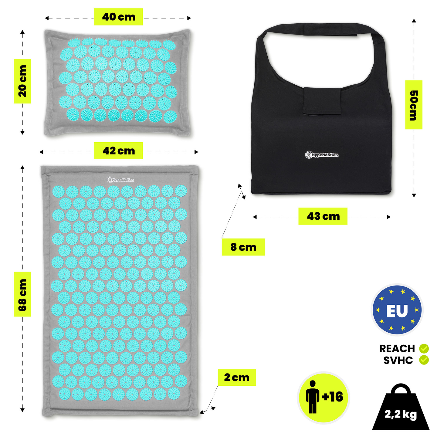 Στρώμα πιεσοθεραπείας από λινό ECO με ίνες καρύδας και μαξιλάρι από φαγόπυρο – HyperMotion 68 cm γκρι-μέντα