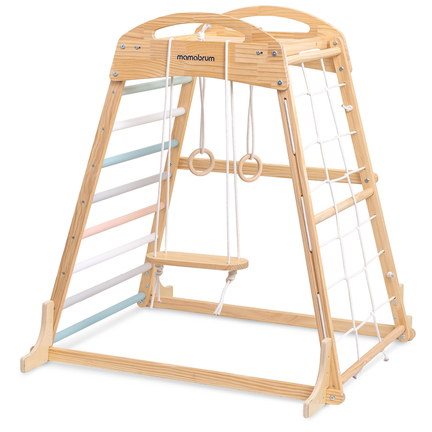 Ξύλινη εσωτερική παιδική χαρά με κούνια, γυμναστικούς κρίκους και δίχτυ αναρρίχησης