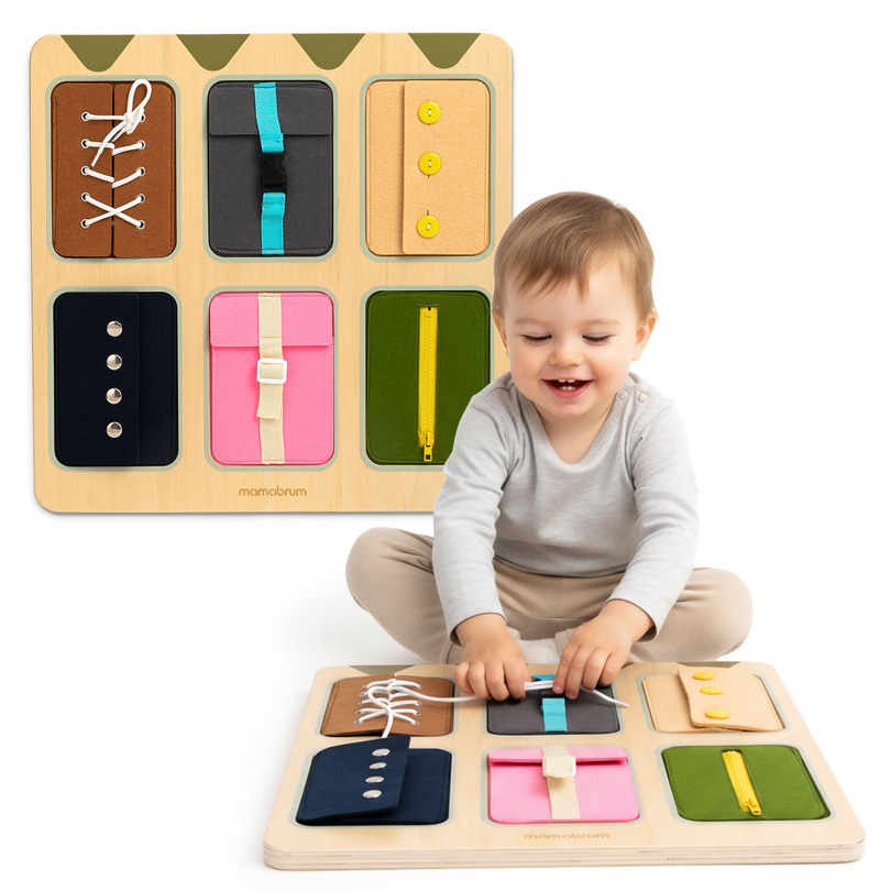 Ξύλινη σανίδα χειρισμού Montessori – Αισθητηριακή μάθηση ανεξαρτησίας - κορδόνια, αγκράφες, κουμπιά, κουμπώματα, φερμουάρ