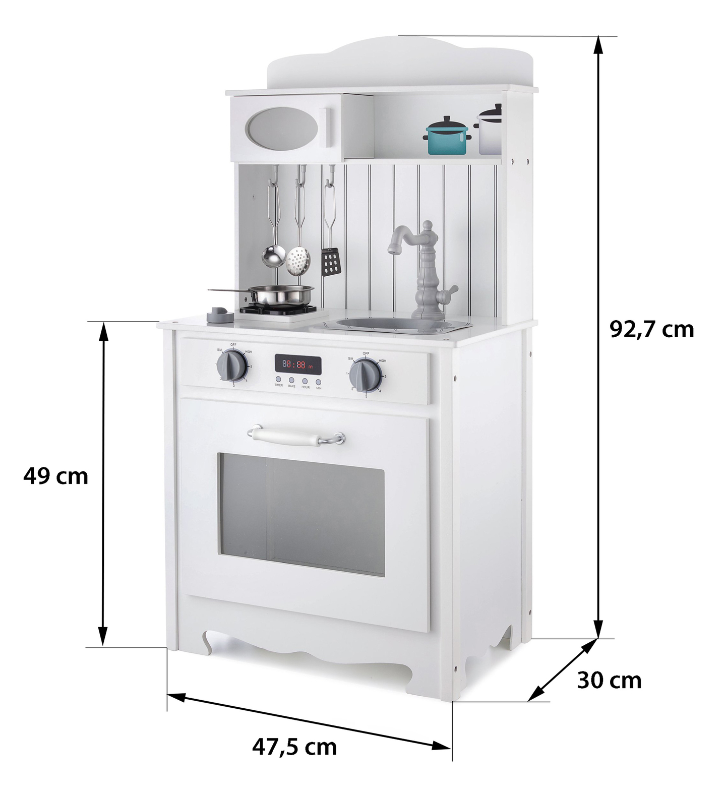Λευκή ξύλινη κουζίνα με ποδιά, αξεσουάρ και λάμπα LED