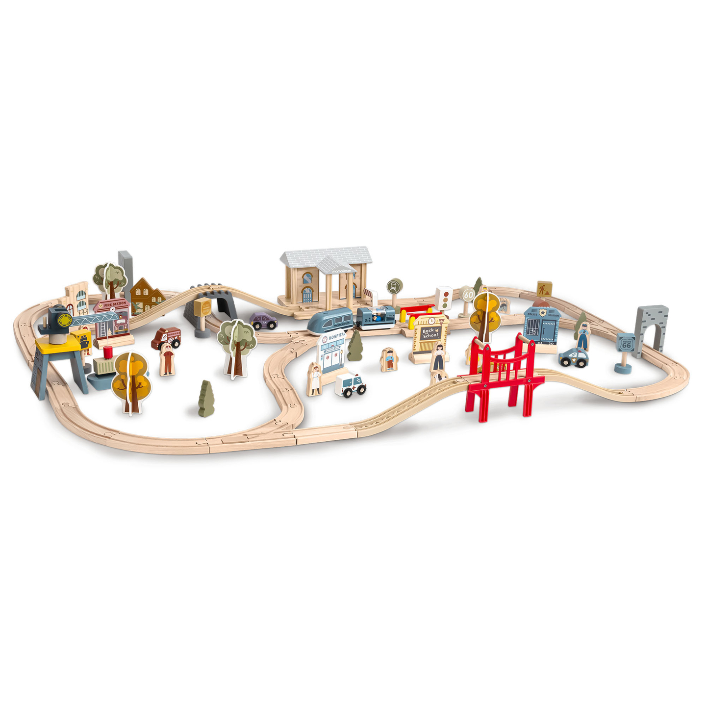 Ξύλινος σιδηρόδρομος πόλης με ηλεκτρικό τρένο - κινούμενος γερανός, πλοίο, γέφυρες