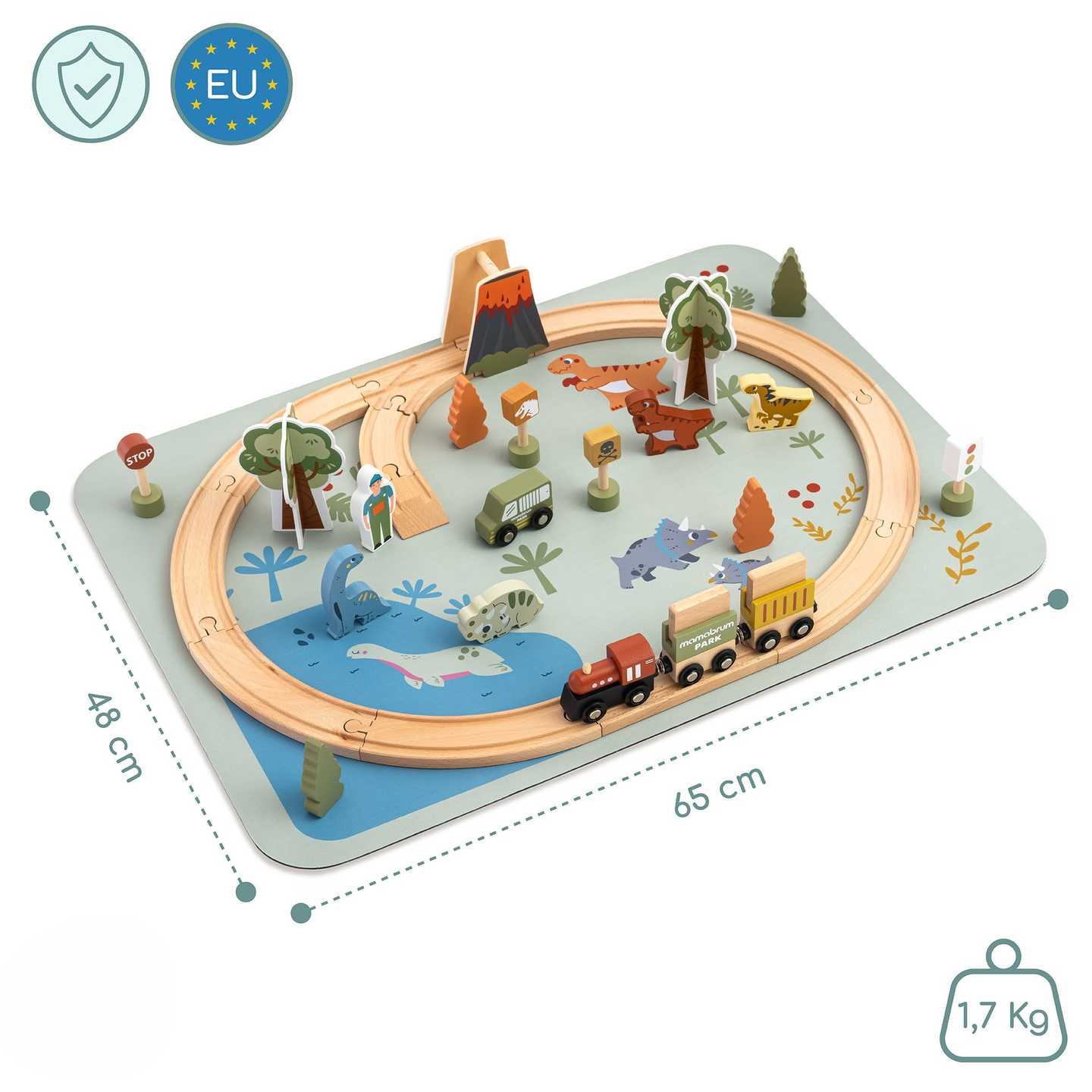 Ξύλινο τρενάκι Dino Park με αντιολισθητικό χαλάκι - δεινόσαυροι, τρένο, γραμμές, ηφαίστειο, κουδούνι