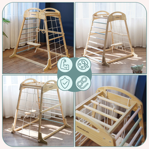 Ξύλινη εσωτερική παιδική χαρά με κούνια, γυμναστικούς κρίκους και δίχτυ αναρρίχησης