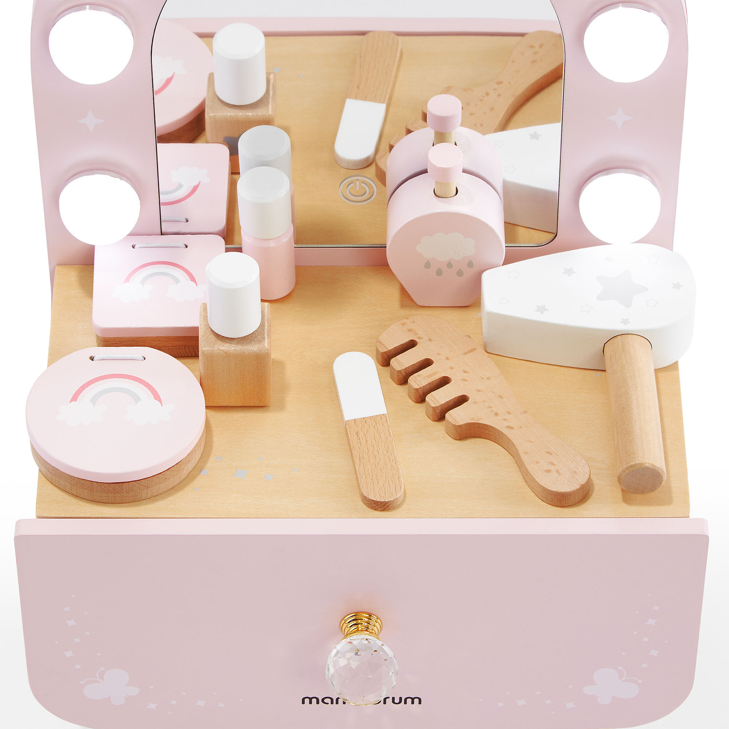 Ξύλινο μίνι μπουντουάρ για παιδιά με αξεσουάρ και φωτισμό LED με ομαλή ρύθμιση φωτεινότητας