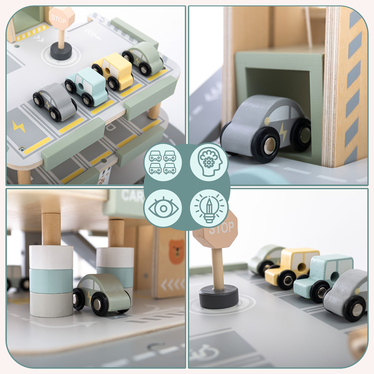 Ξύλινο, τριώροφο γκαράζ για παιδιά με αξεσουάρ – χώρος στάθμευσης, βενζινάδικο, πλυντήριο αυτοκινήτων, ελικόπτερο