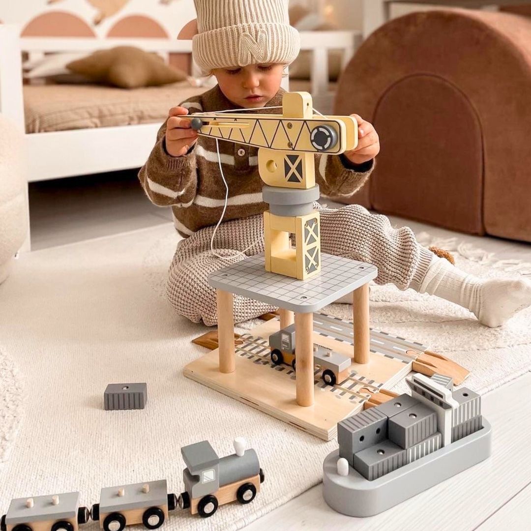 Κινητός γερανός λιμανιού με μαγνητικό βαρούλκο και αξεσουάρ - ξύλινο σετ