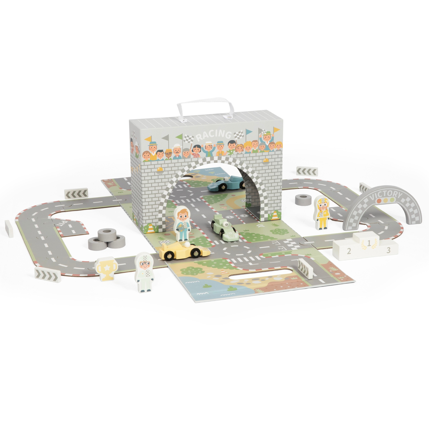 Μαγνητική βαλίτσα με πίστα αγώνων, ξύλινα οχήματα και αξεσουάρ δρόμου