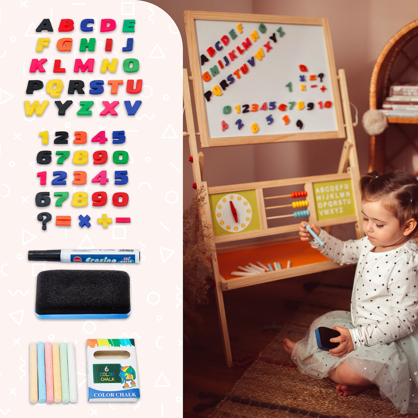 Μεγάλος εκπαιδευτικός πίνακας δύο όψεων: μαγνητικός και μαυροπίνακας - πίνακας ξηρής διαγραφής, ξύλινος