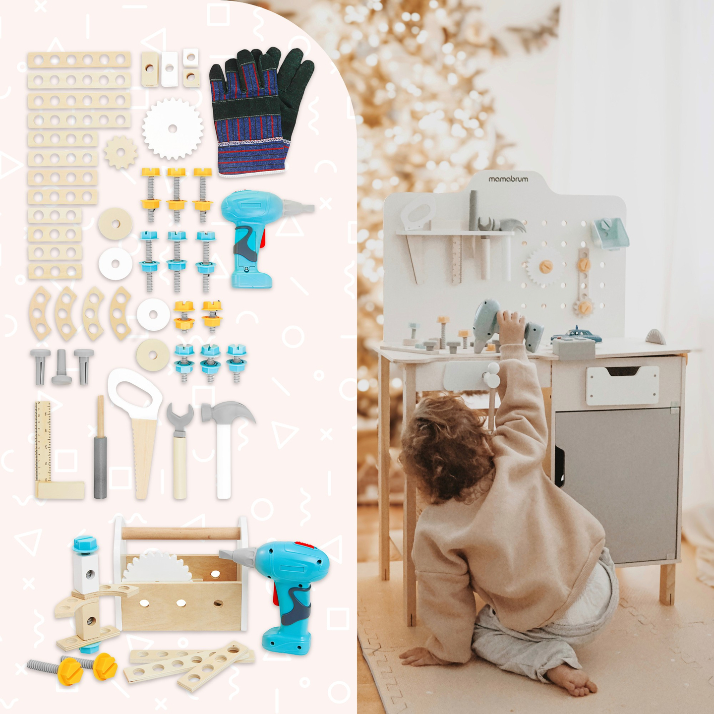 XXL Μεγάλο ξύλινο εργαστήριο με εργαλεία - σετ DIY, 74 στοιχεία