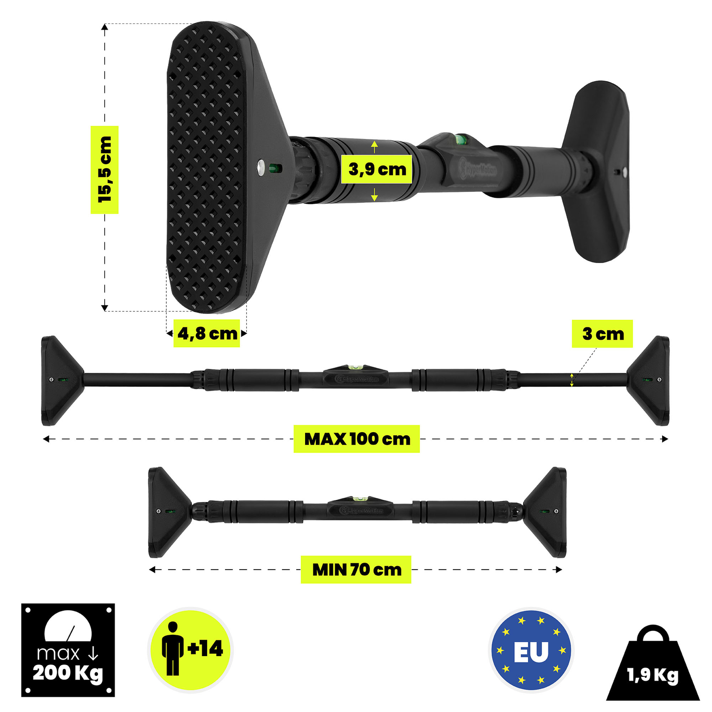 Ρυθμιζόμενη μπάρα HyperMotion 70–100 cm, 200 kg, μαύρη