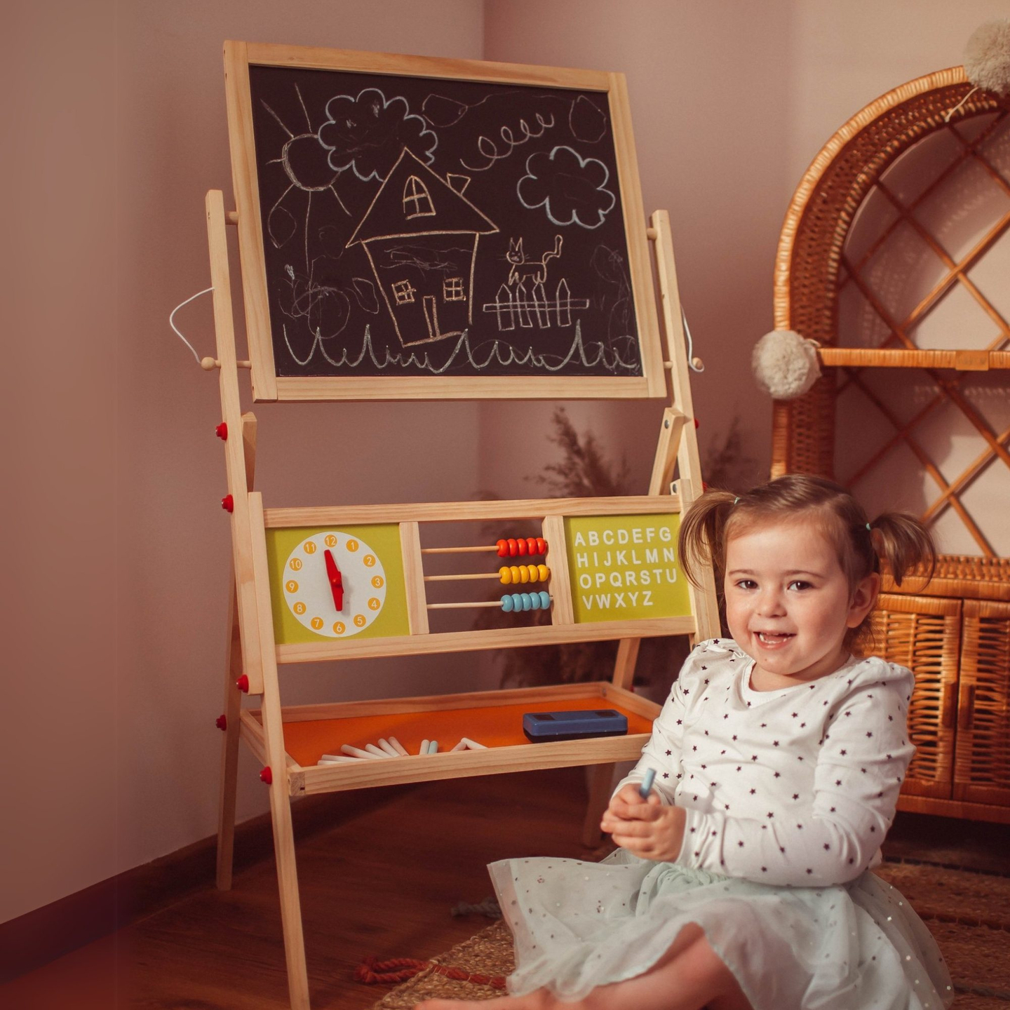 Μεγάλος εκπαιδευτικός πίνακας δύο όψεων: μαγνητικός και μαυροπίνακας - πίνακας ξηρής διαγραφής, ξύλινος