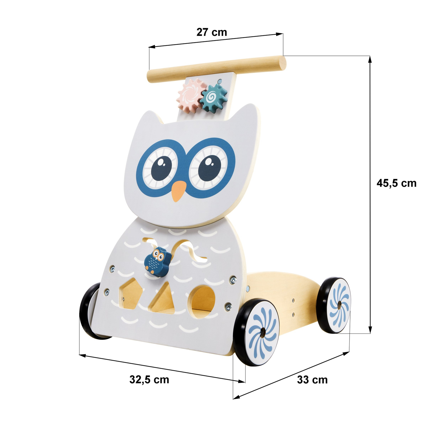 Ξύλινο πολυλειτουργικό καροτσάκι - καροτσάκι με μπλοκ - Κουκουβάγια