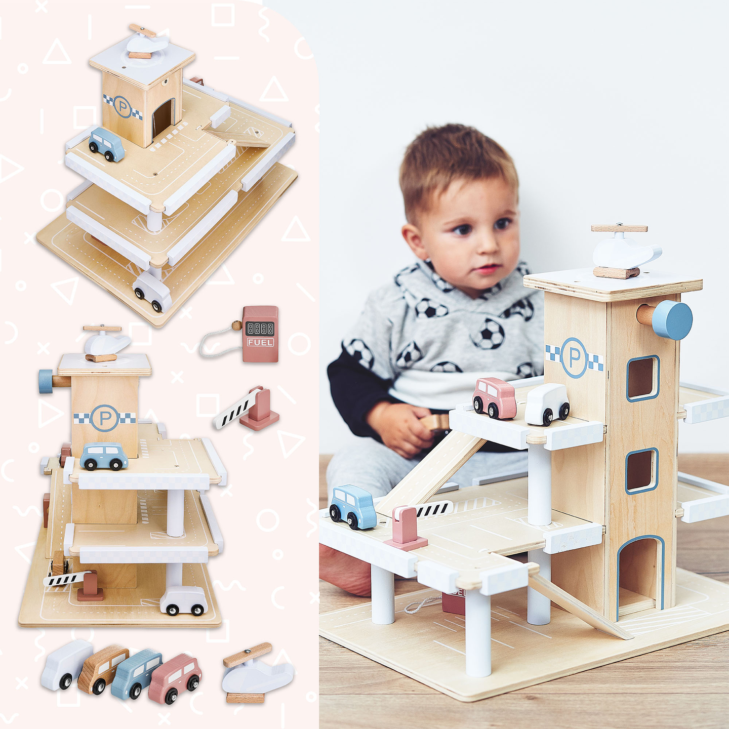 Ξύλινος τριώροφος χώρος στάθμευσης με ανελκυστήρα - γκαράζ με αυτοκίνητα και ελικόπτερο