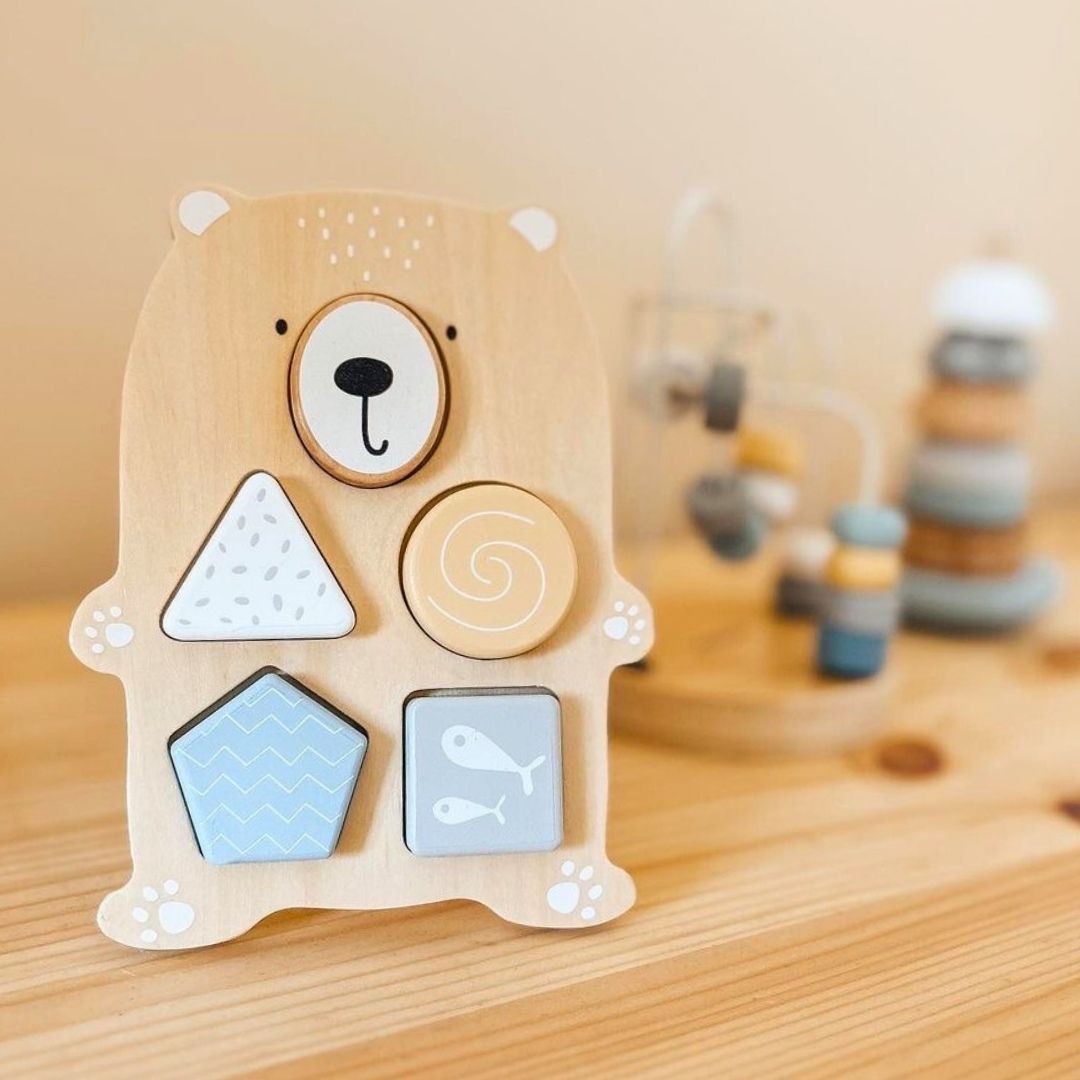 Σετ ξύλινων παιχνιδιών - πολύχρωμη διασύνδεση, πυραμίδα σφραγίδας, αρκουδάκι διαλογής