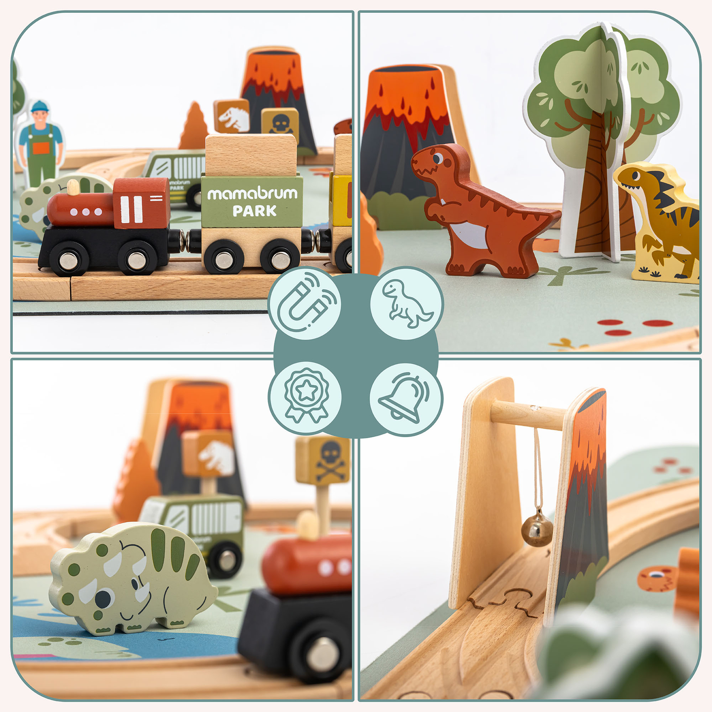 Ξύλινο τρενάκι Dino Park με αντιολισθητικό χαλάκι - δεινόσαυροι, τρένο, γραμμές, ηφαίστειο, κουδούνι