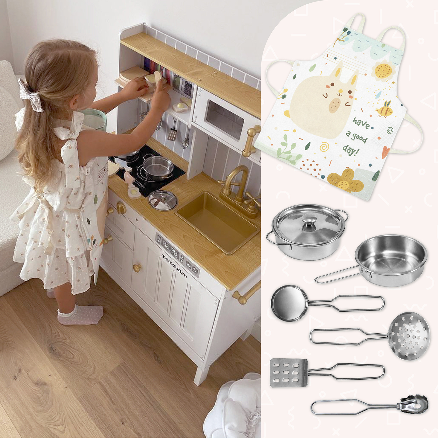 Ξύλινη λευκή κουζίνα με αξεσουάρ και ποδιά