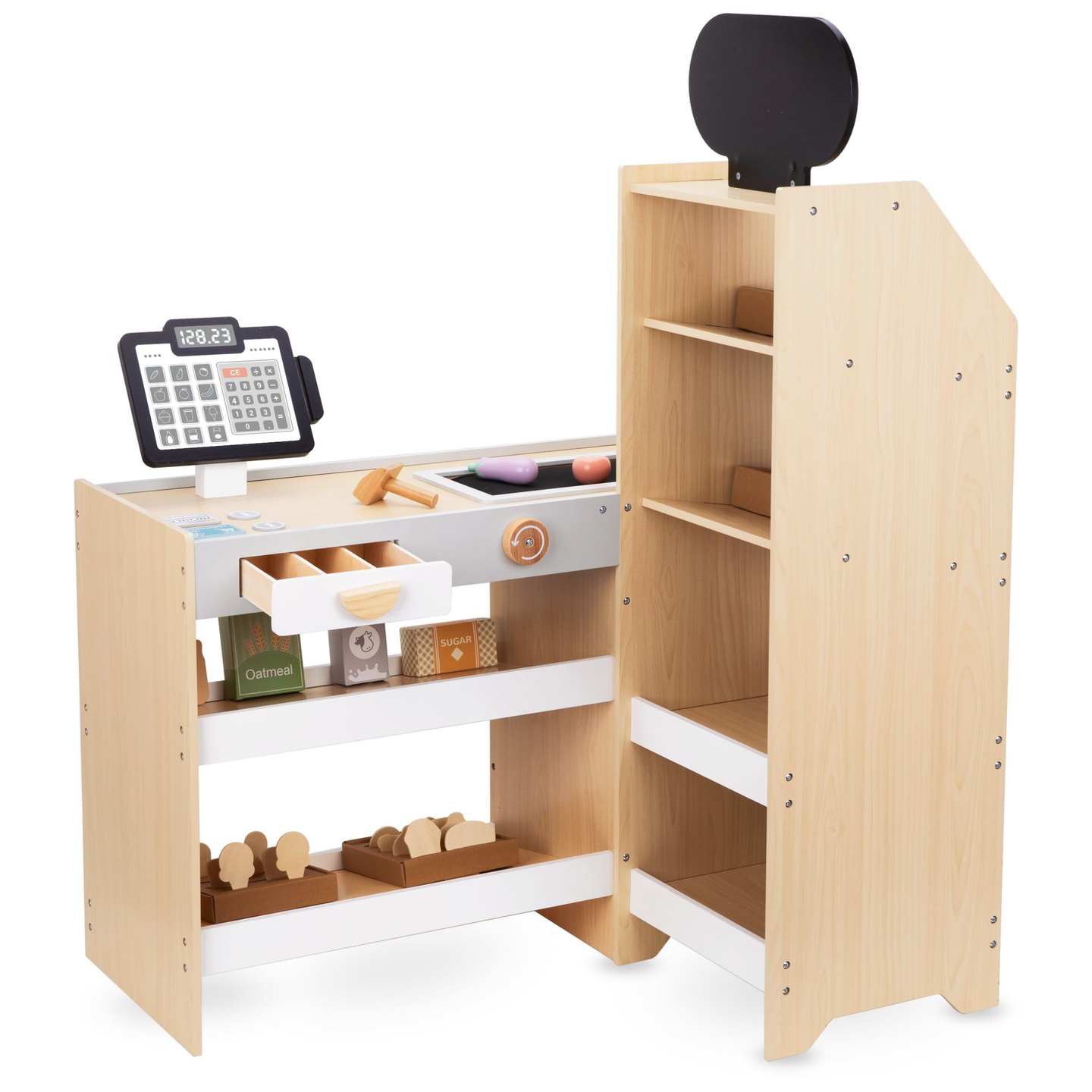 Ξύλινη αγορά λαχανικών - μεγάλος πάγκος XXL, κατάστημα με ταμειακή μηχανή παιχνιδιού