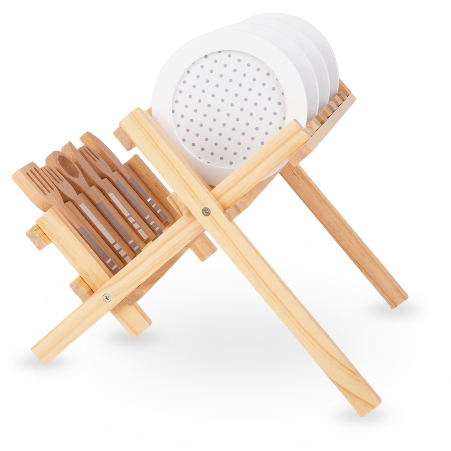Ξύλινα αξεσουάρ κουζίνας με στεγνωτήρα κατσαρόλας - σετ για παιδιά