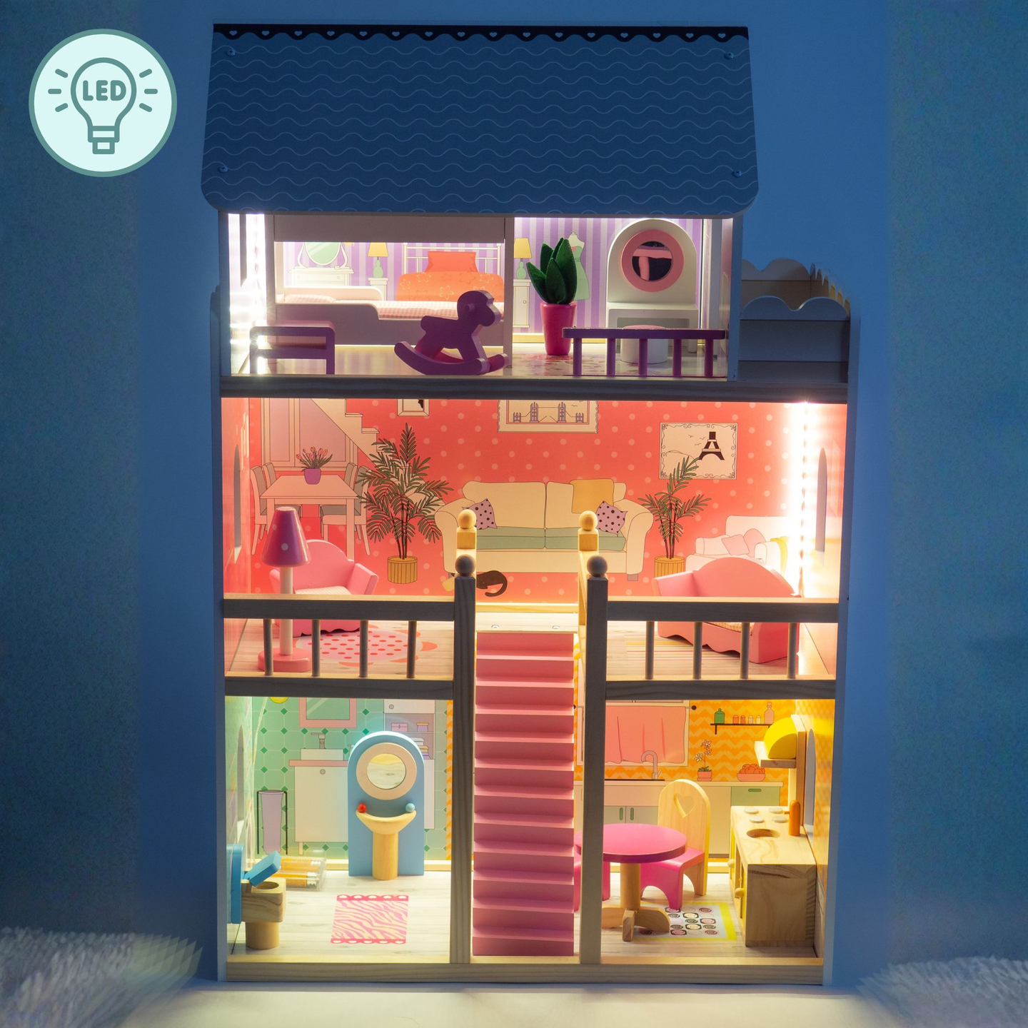 Μεγάλο ξύλινο 3όροφο κουκλόσπιτο με βεράντα, σετ επίπλων και φωτισμό LED!