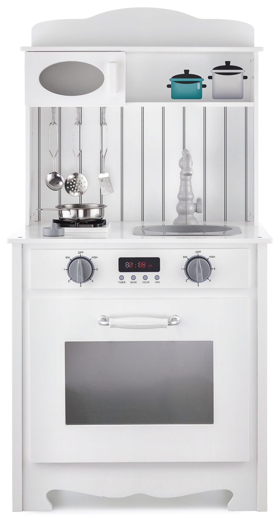 Λευκή ξύλινη κουζίνα με ποδιά, αξεσουάρ και λάμπα LED