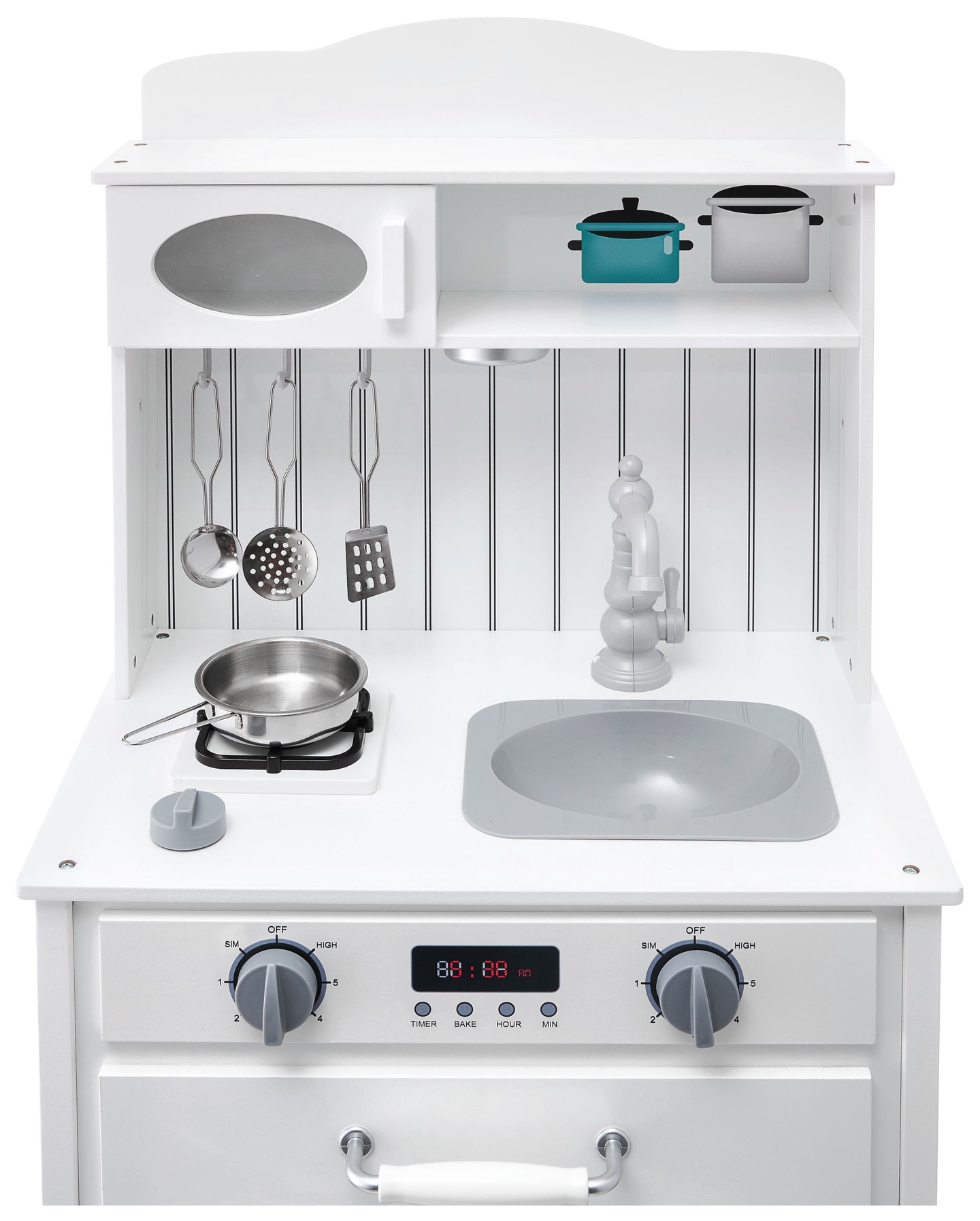 Λευκή ξύλινη κουζίνα με ποδιά, αξεσουάρ και λάμπα LED