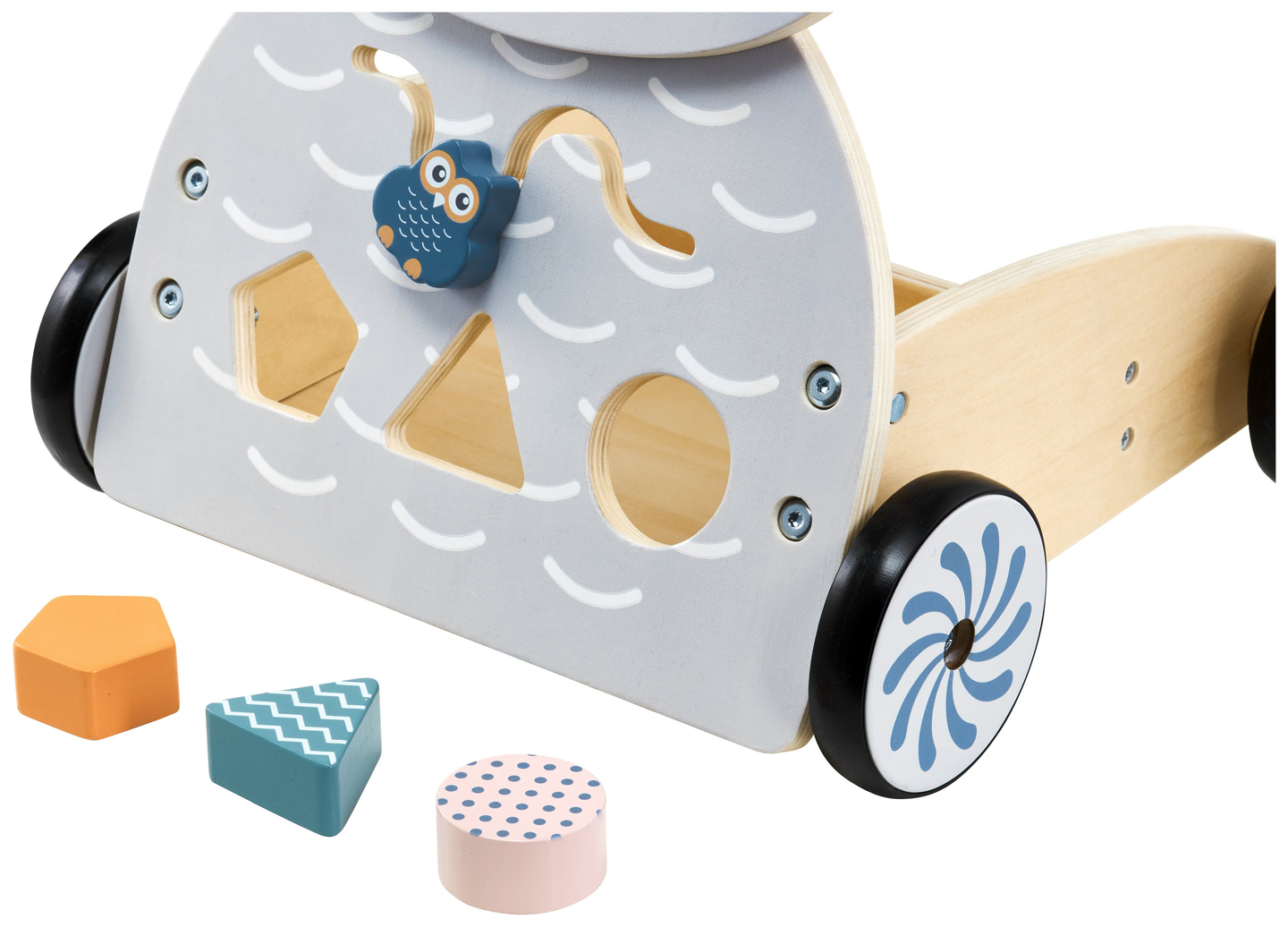 Ξύλινο πολυλειτουργικό καροτσάκι - καροτσάκι με μπλοκ - Κουκουβάγια