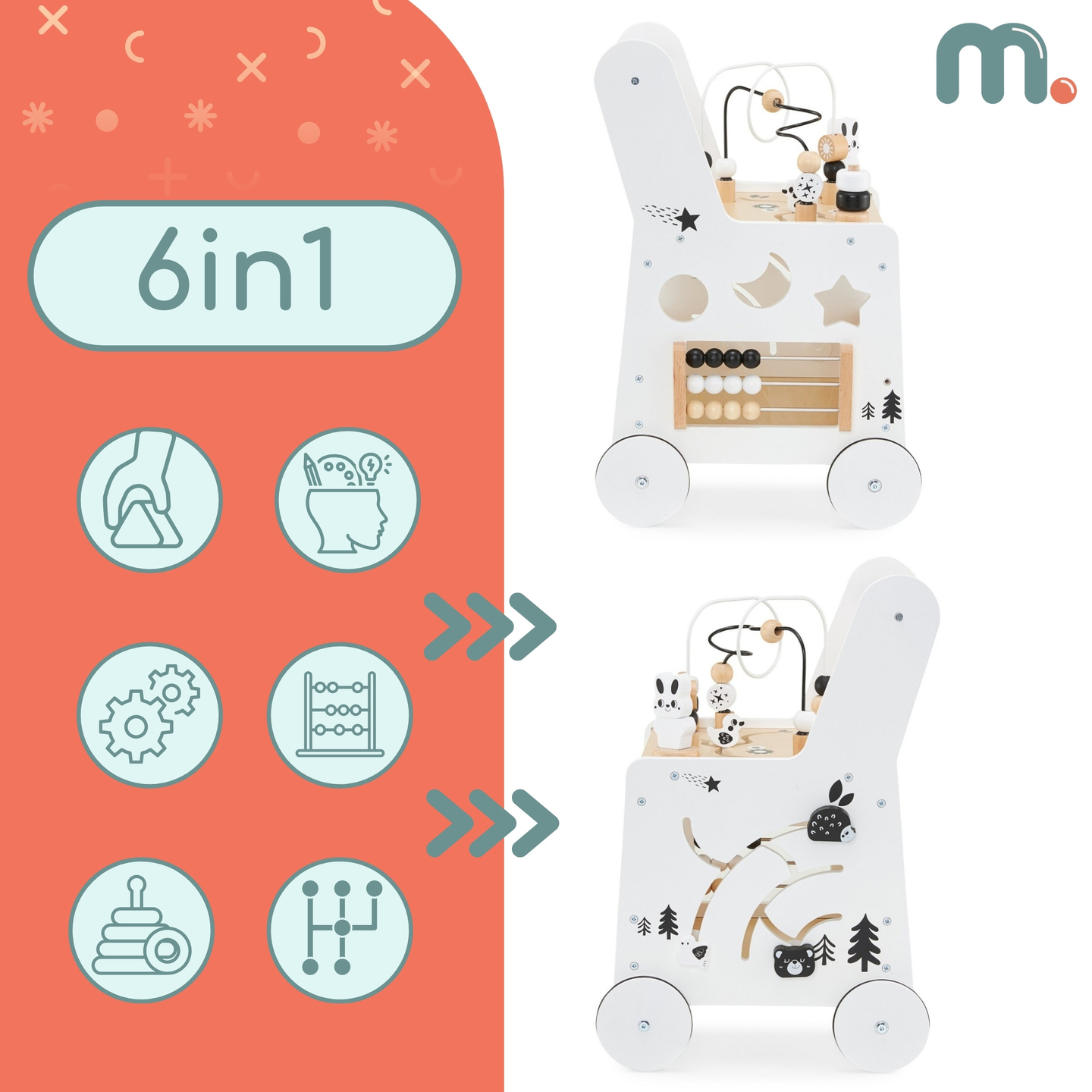 6σε1 ξύλινο καροτσάκι, περιπατητής με λειτουργία πίνακα εκμάθησης