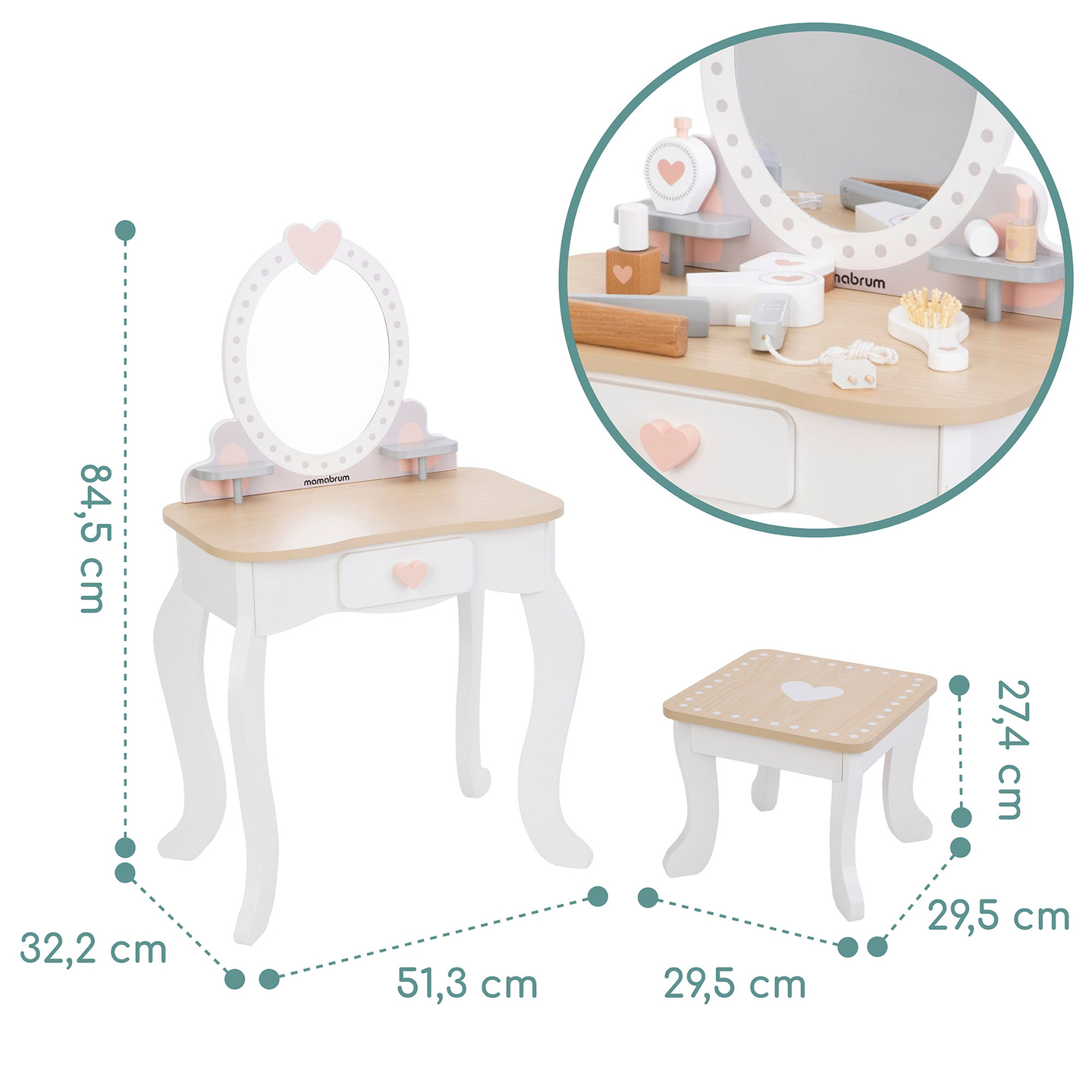 Ξύλινο κομοδίνο με σκαμπό και αξεσουάρ