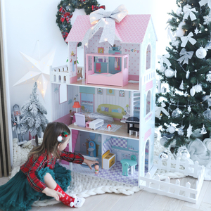 XXL Το μεγαλύτερο ξύλινο κουκλόσπιτο - 123 cm - φωτιζόμενο με LED - βεράντα, αξεσουάρ, κήπος