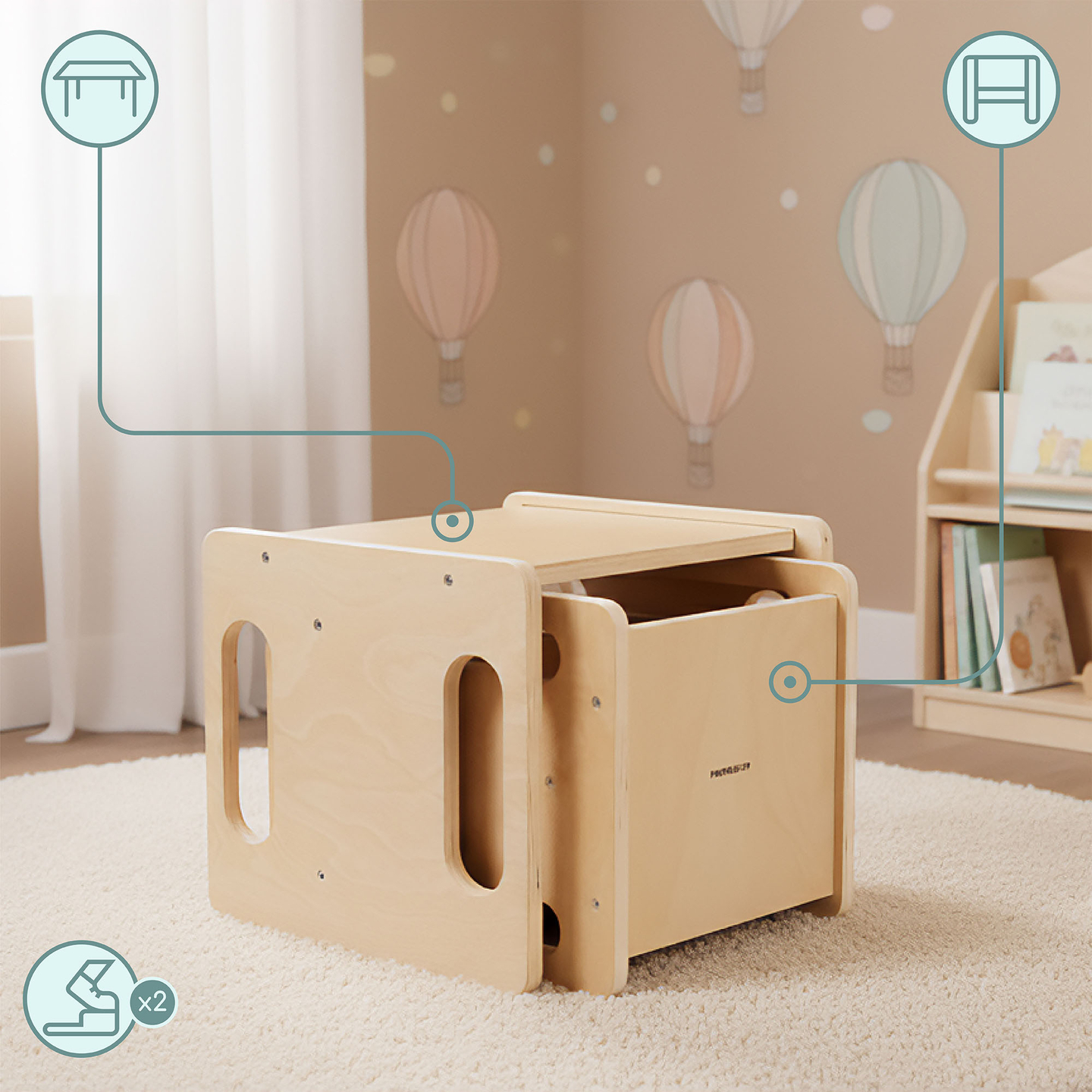 Ξύλινο τραπέζι και καρέκλα με λειτουργία σκαλοπάτι – ένα πολυλειτουργικό σετ Montessori για παιδιά