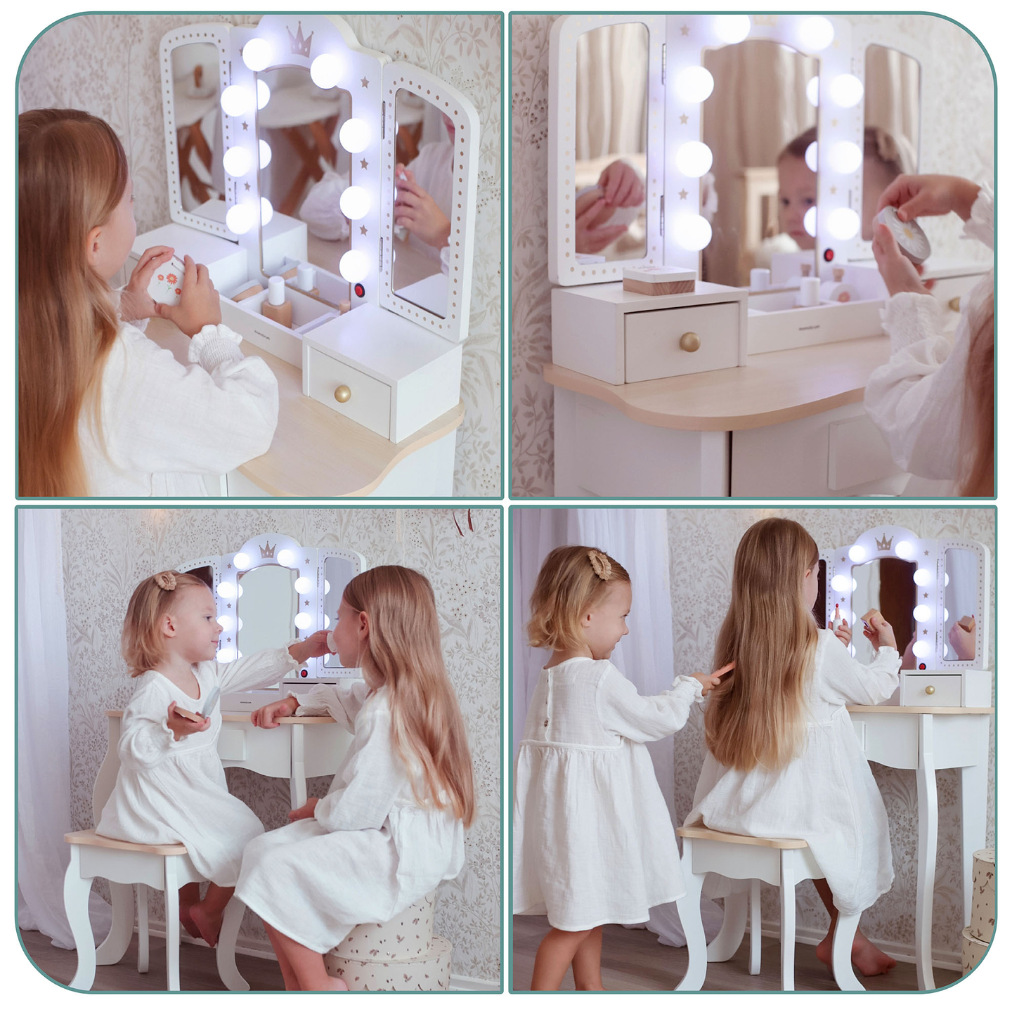 Ξύλινο κομοδίνο XXL με σκαμπό και φωτισμό LED για παιδιά + αξεσουάρ