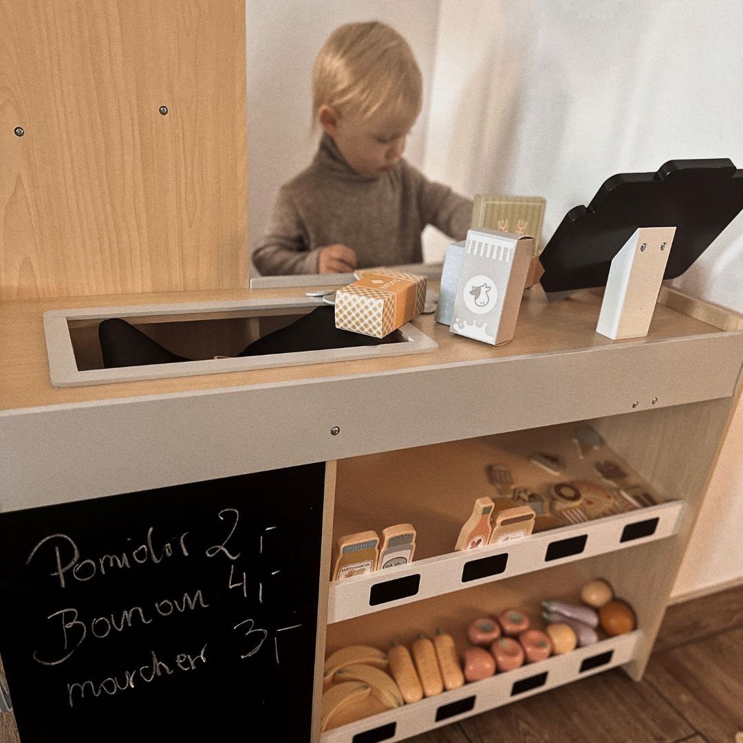 Ξύλινη αγορά λαχανικών - μεγάλος πάγκος XXL, κατάστημα με ταμειακή μηχανή παιχνιδιού