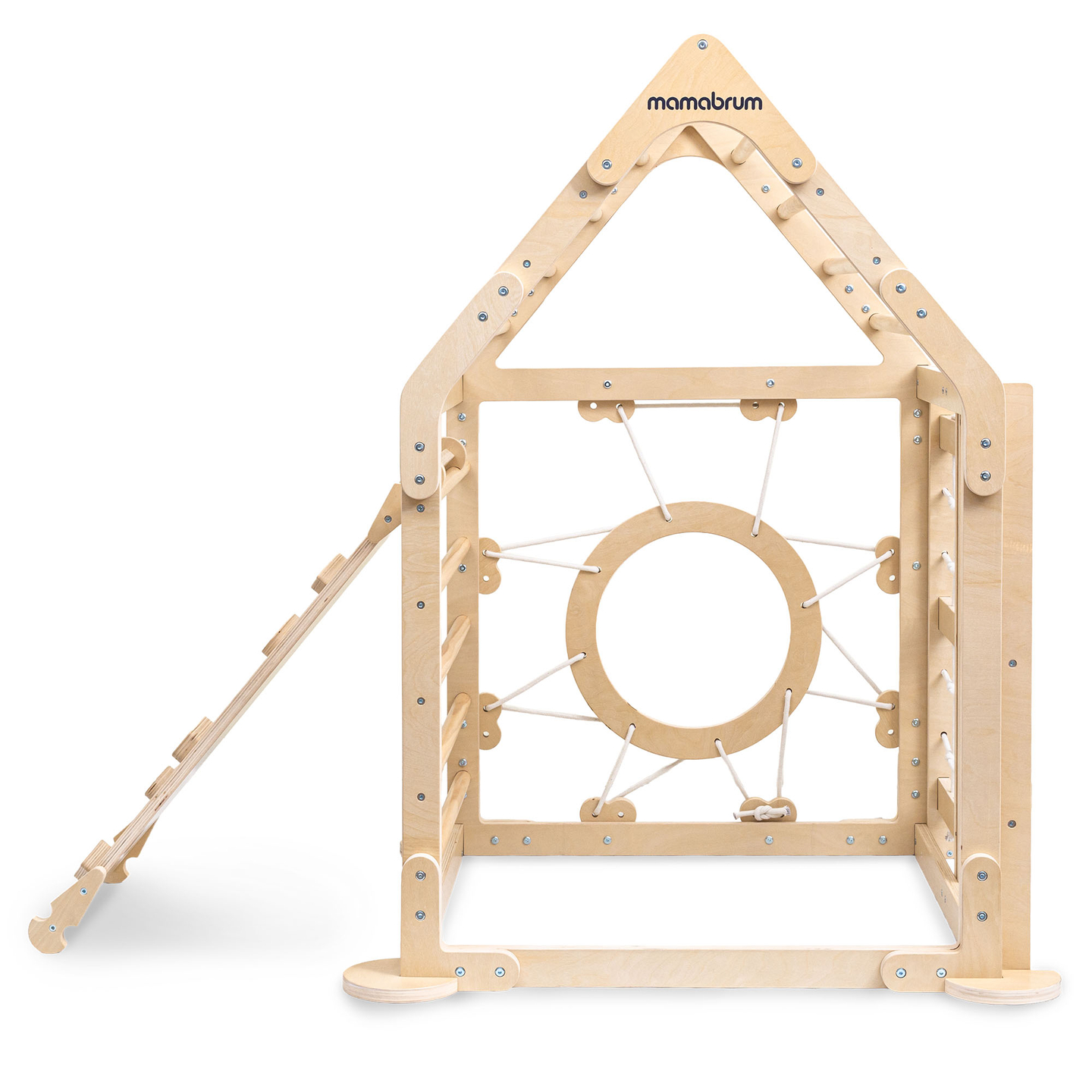 Ξύλινη εσωτερική παιδική χαρά για παιδιά - ένα σπίτι με σκάλες και μια τσουλήθρα