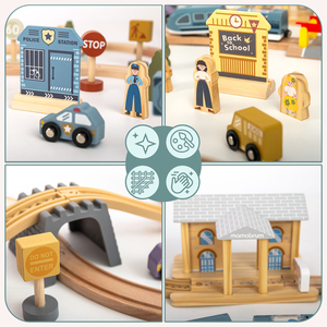 Ξύλινος σιδηρόδρομος πόλης με ηλεκτρικό τρένο - κινούμενος γερανός, πλοίο, γέφυρες