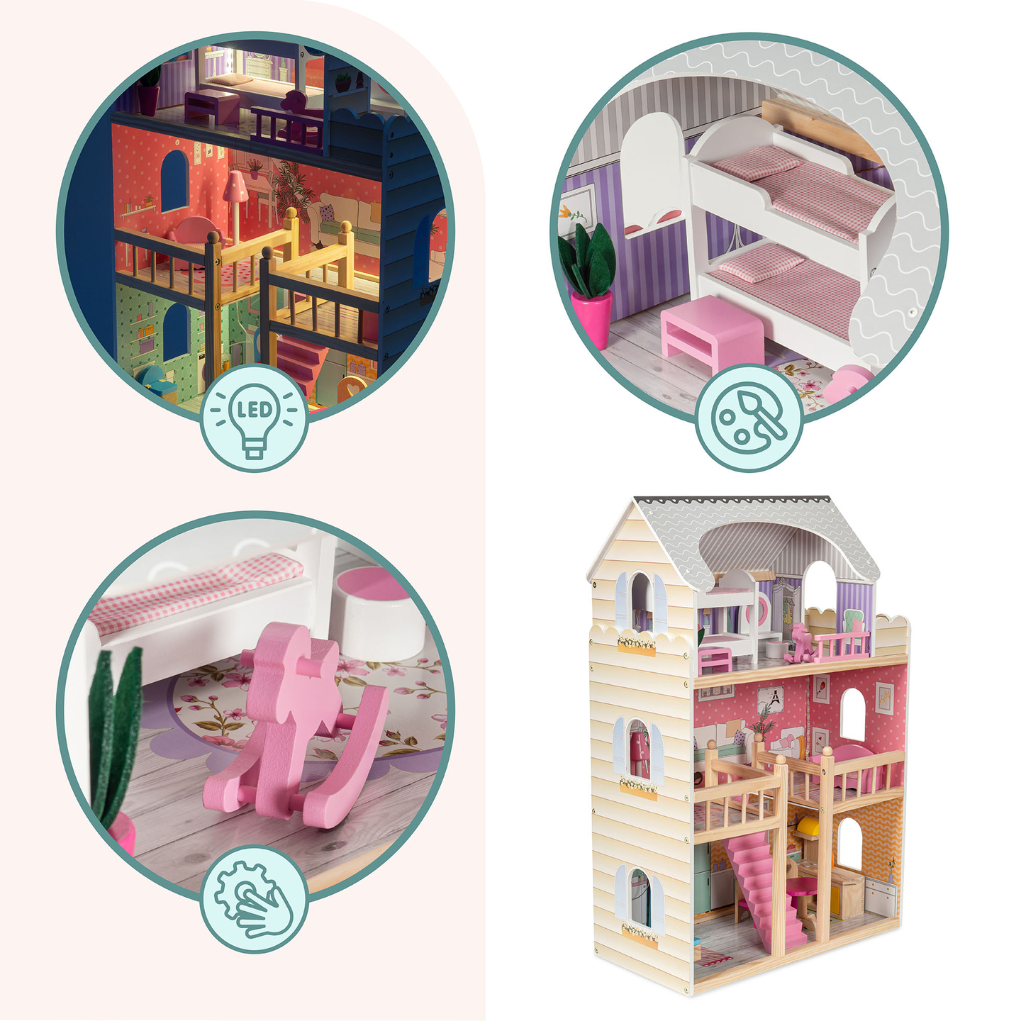 Μεγάλο ξύλινο 3όροφο κουκλόσπιτο με βεράντα, σετ επίπλων και φωτισμό LED!