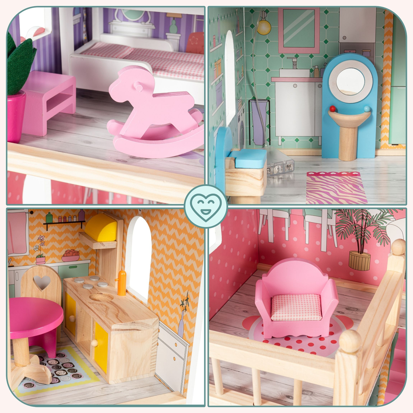Μεγάλο ξύλινο 3όροφο κουκλόσπιτο με βεράντα, σετ επίπλων και φωτισμό LED!