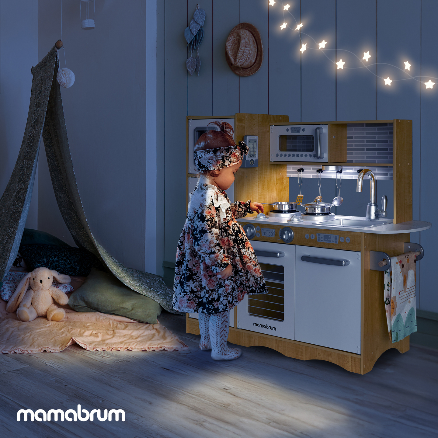 Ξύλινη κουζίνα XXL με φωτισμό LED, ποδιά και αξεσουάρ