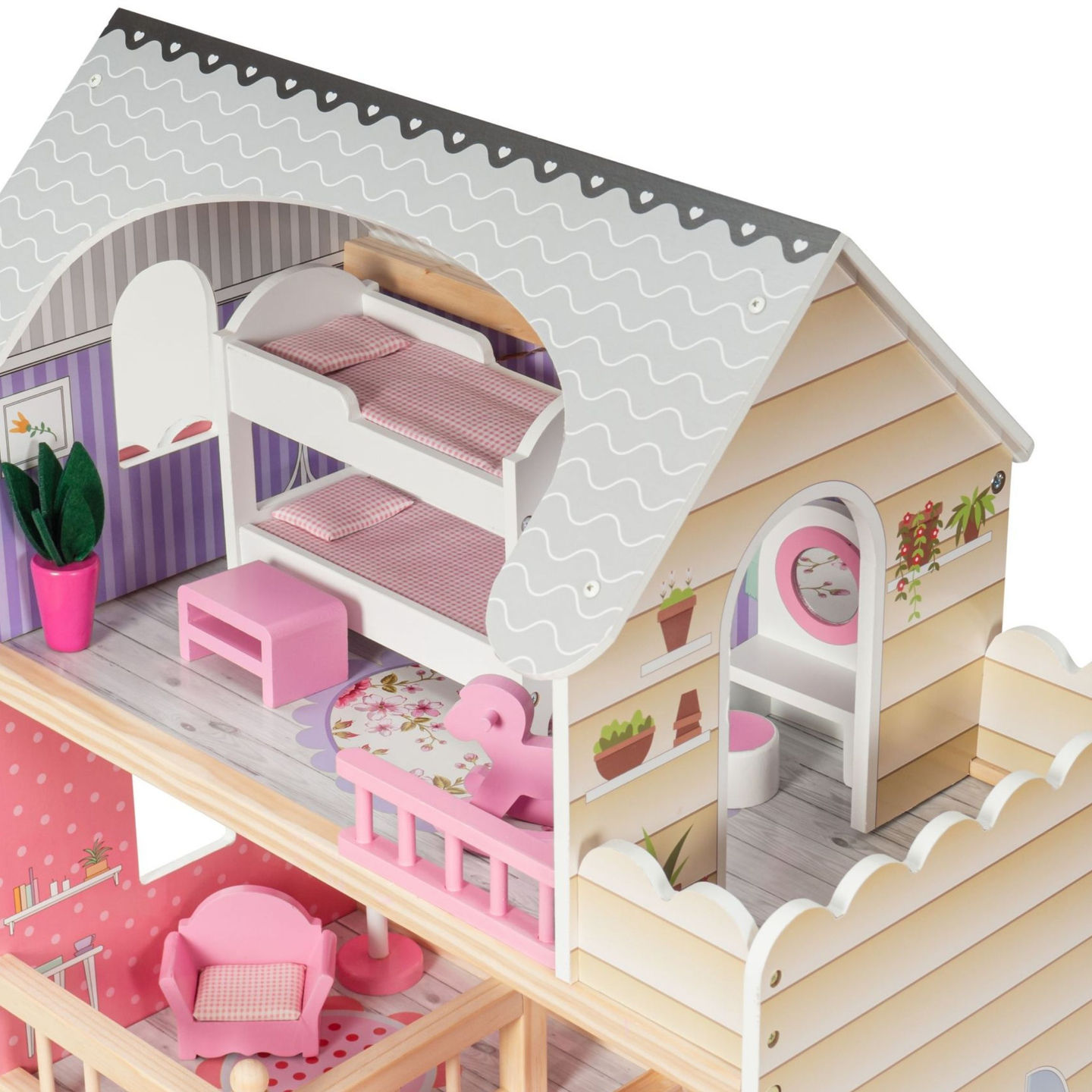 Μεγάλο ξύλινο 3όροφο κουκλόσπιτο με βεράντα, σετ επίπλων και φωτισμό LED!