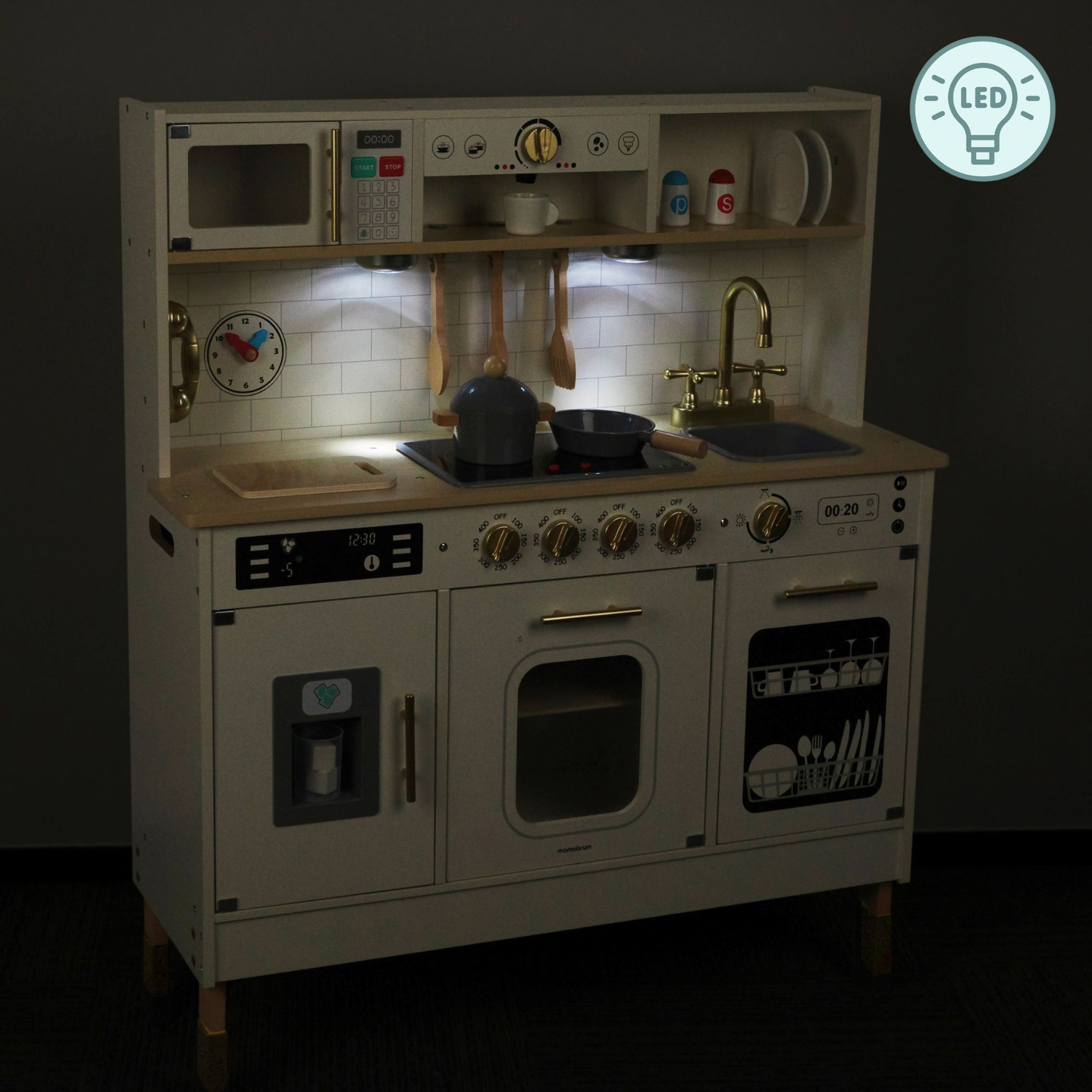 Διαδραστική ξύλινη κουζίνα XXL με αξεσουάρ και φωτισμό LED - δύο επιπέδων