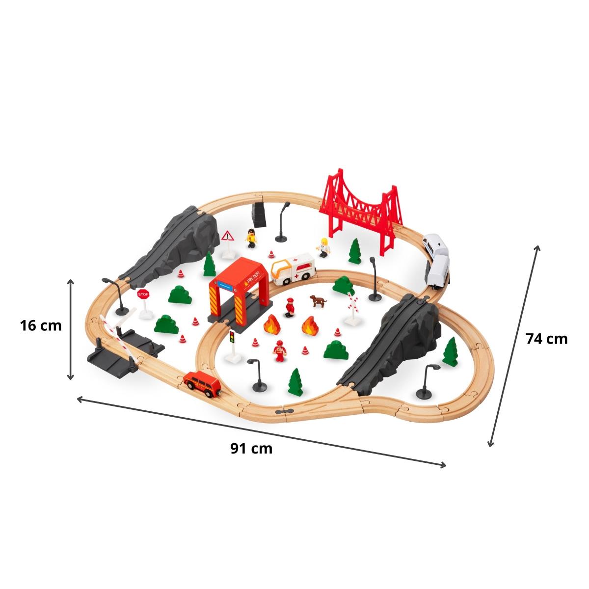 Ξύλινο τρένο, τρένο με μπαταρία - Πυροσβεστική Υπηρεσία, ράγες, αυτοκίνητα, γέφυρες, φράγμα