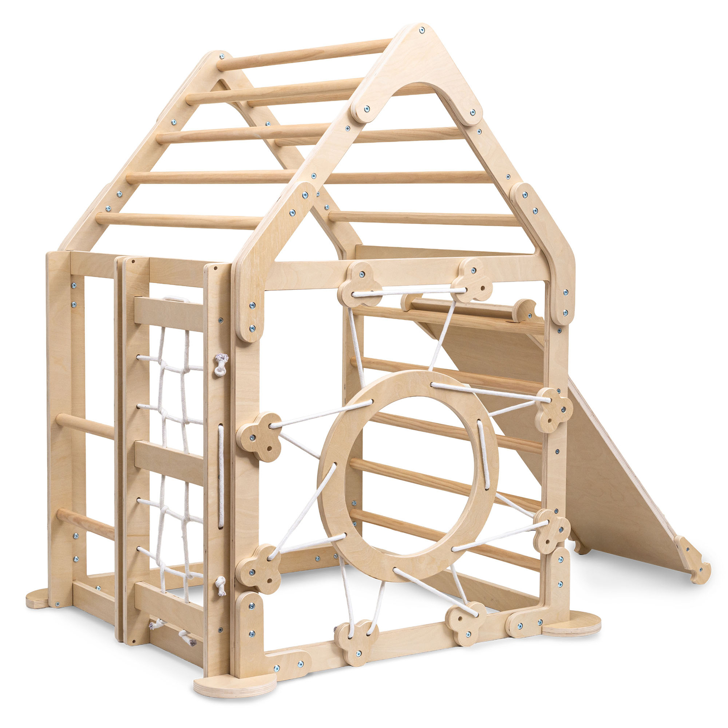 Ξύλινη εσωτερική παιδική χαρά για παιδιά - ένα σπίτι με σκάλες και μια τσουλήθρα