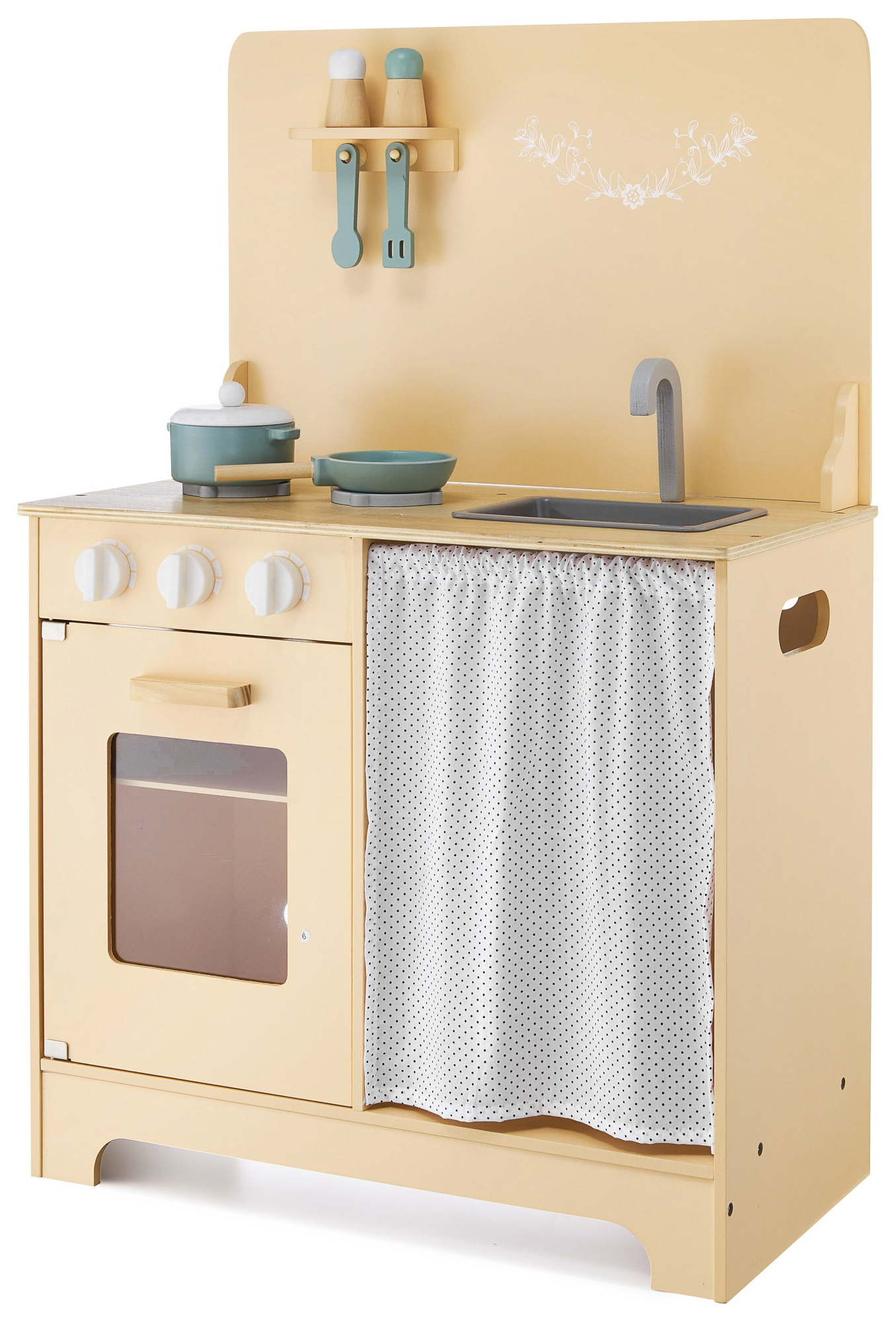 Ξύλινη κουζίνα με ποδιά, αξεσουάρ και φωτισμό LED