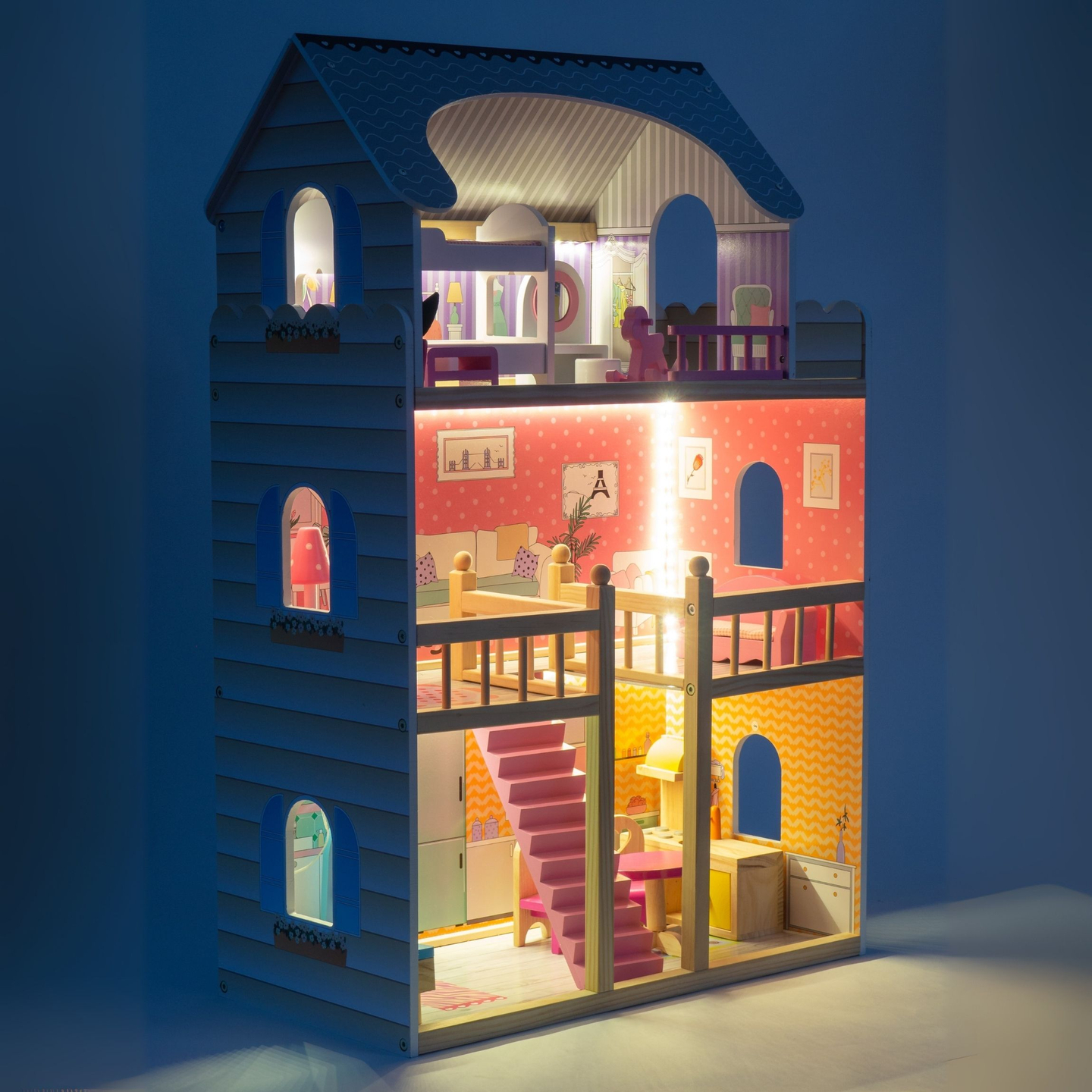 Μεγάλο ξύλινο 3όροφο κουκλόσπιτο με βεράντα, σετ επίπλων και φωτισμό LED!
